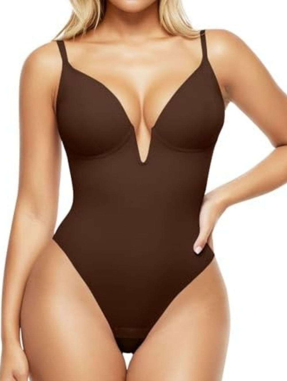 Popilush Bodysuit Built-in Underwire Mesh Shaper Thong Medium Brown